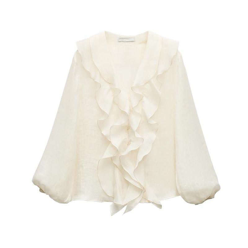 

Za New Women clothes French style Retro Frill Blended Laminated Decoration V-neck Long sleeve Shirts Top 9479040 Ben White S