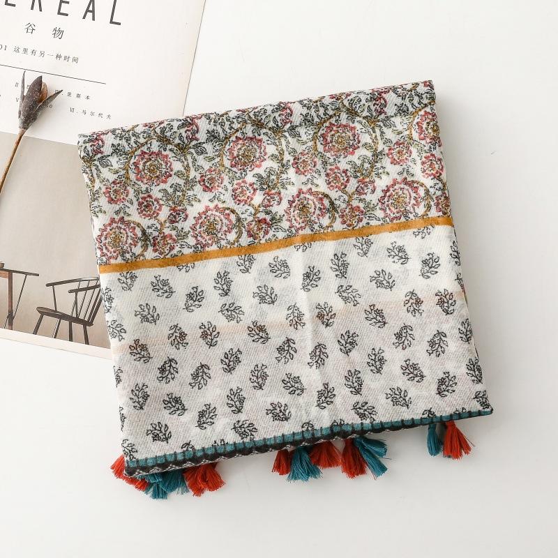 Women Viscose Scarf Summer Beach Shawl Cotton Linen Feeling Tassel Bohemian Style Floral Pashmina Muslim Hijab Wrap Lady