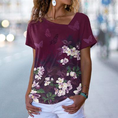 Fashion Women Irregular Neck Tee Summer 3D Floral Print T Shirts Ladies Loose Couples T Shirt Short Sleeve Tops Casual