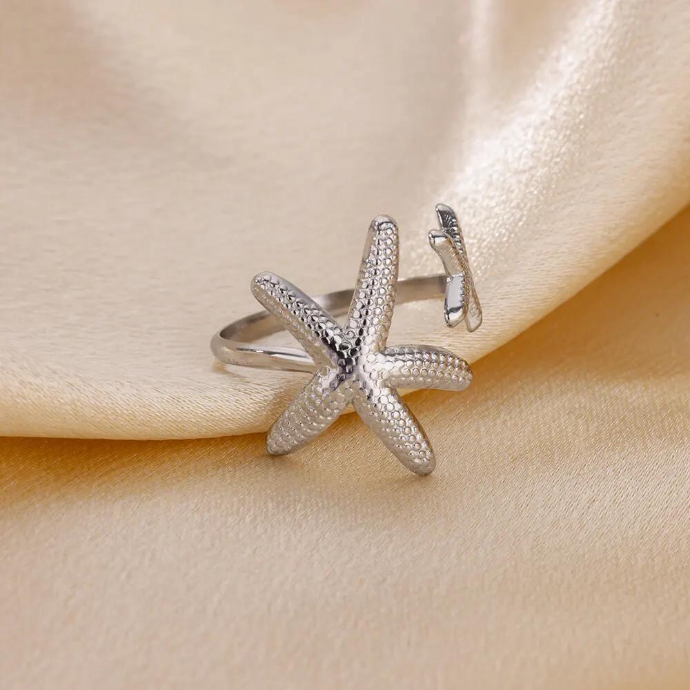 Dainty Zircon Shell Starfish Turtle Evil Eye Rings Stainless Steel Ring Women Anti Fading Golden Charm Zircon Accessories Gifts