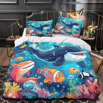 Cartoon Whale Bed Sheet Set, Microfiber Soft Duvet Cover, Zipper and Pillowcase, Children Adult Duvet Cover Gift
