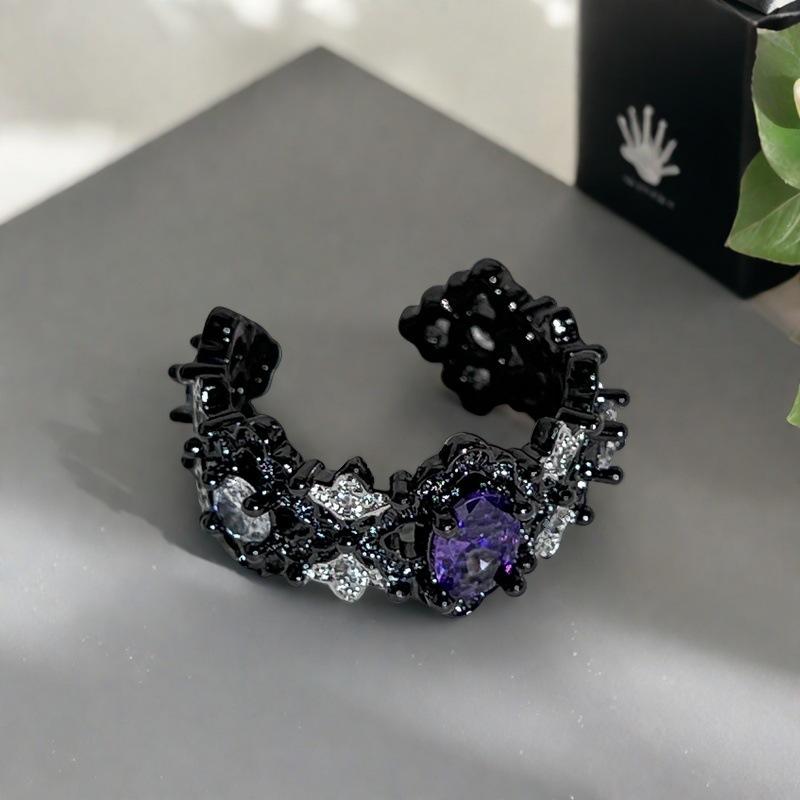 Punk Dark Style Personality Purple Diamond Inlaid Zircon Butterfly Open Ring Stacked With Niche Design High-End Ring Woman