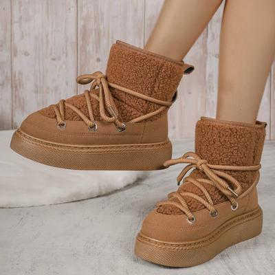 Fashion Women's Plush Thick Soled Snow Boots 2024 Winter New Style Lace Up Retro Plush Warm Casual Cotton Boots