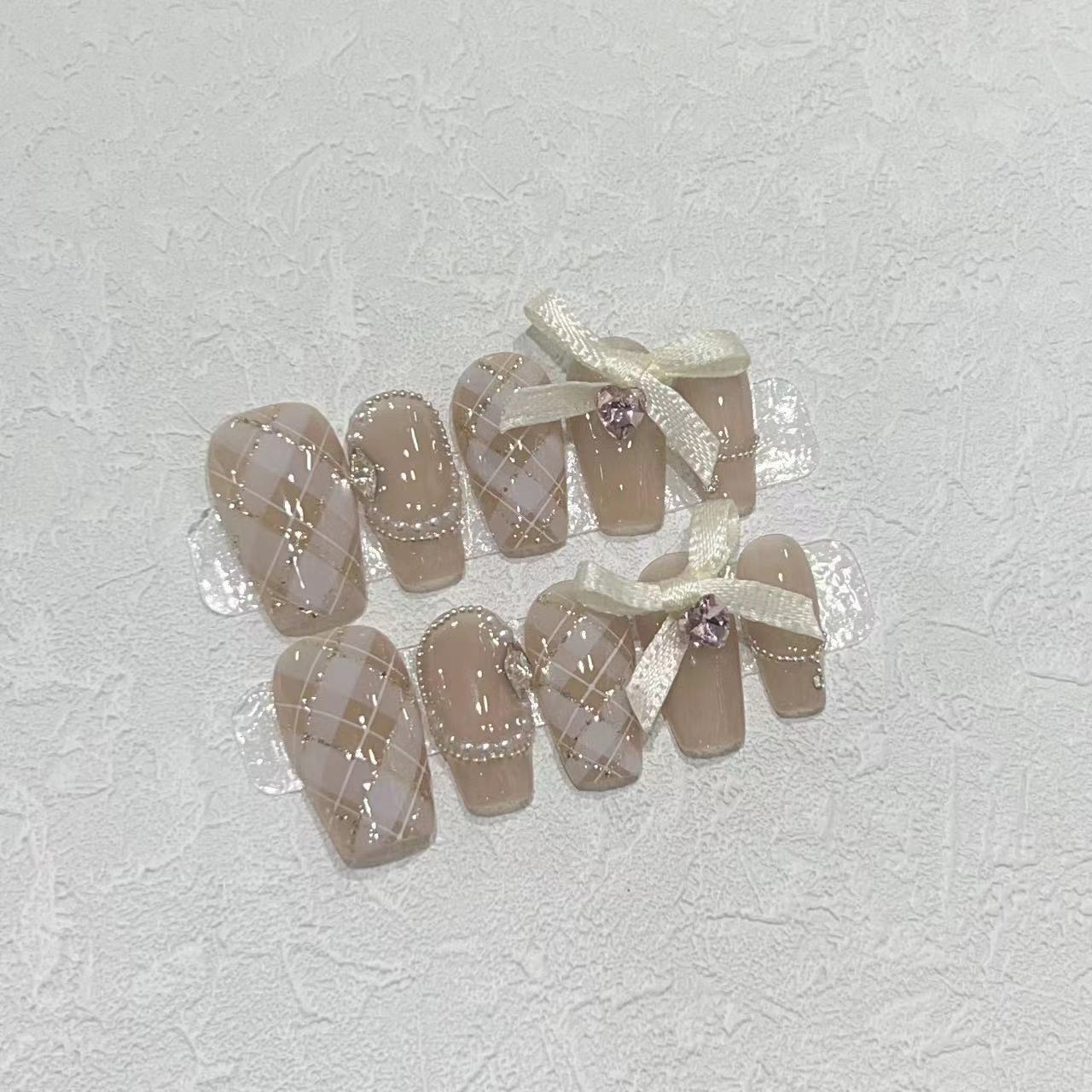 

Чистая броня для ношения на руках, нюдовый темпераментный стиль, стальной шарик, французский бант, клетчатый маникюр, готовое изделие Large L