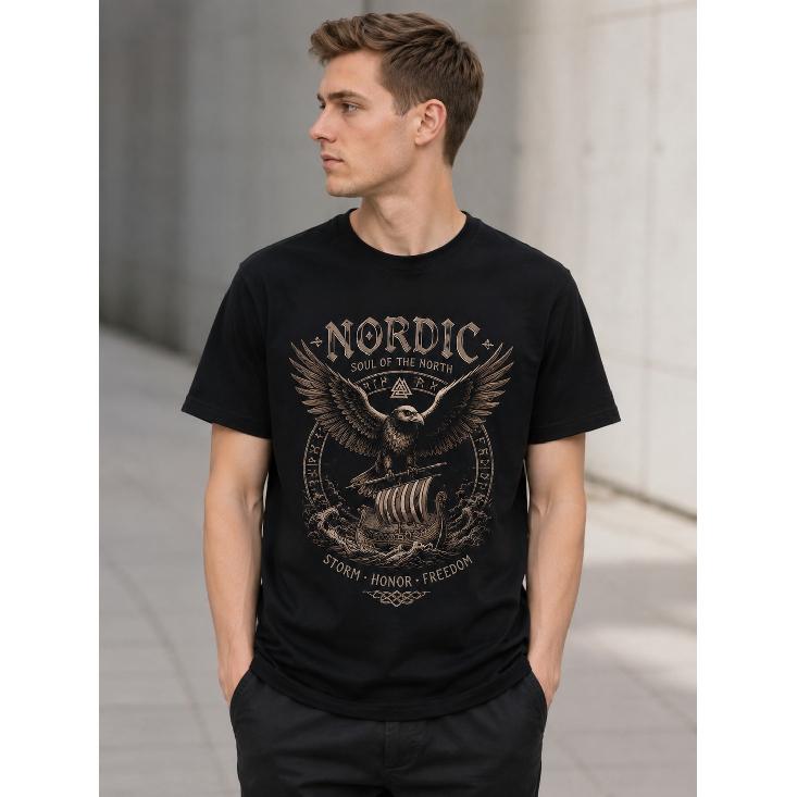Men s Nordic Viking Eagle Graphic Tee Short Sleeve Crew Neck Soft Cotton Casual Streetwear Top for Daily Wear Outdoor Activities S чёрный