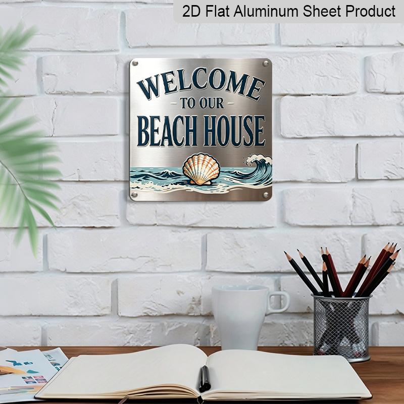 2D Flat, 1pc Vintage Coastal Metal Aluminum Plaque - Welcome To Our Beach House with Turquoise & Golden Nautical Design, Seashell & Wave Patterns