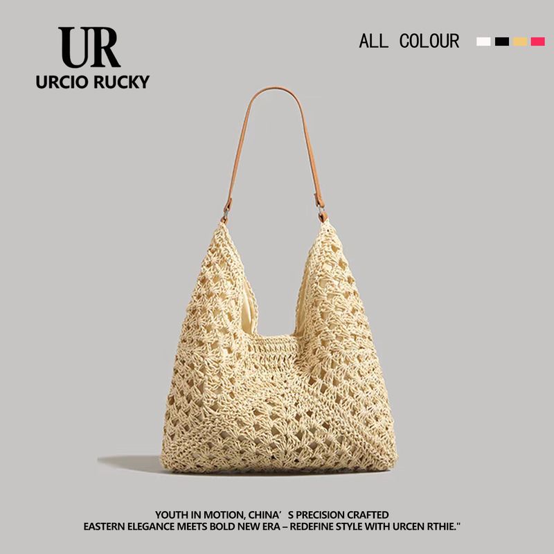 

Urcio Rucky Brand Large Capacity Straw Woven Tote Bag Women s 2025 New Arrival Summer Beach Travel Shoulder Bag Creamy-white pure hand woven bag]