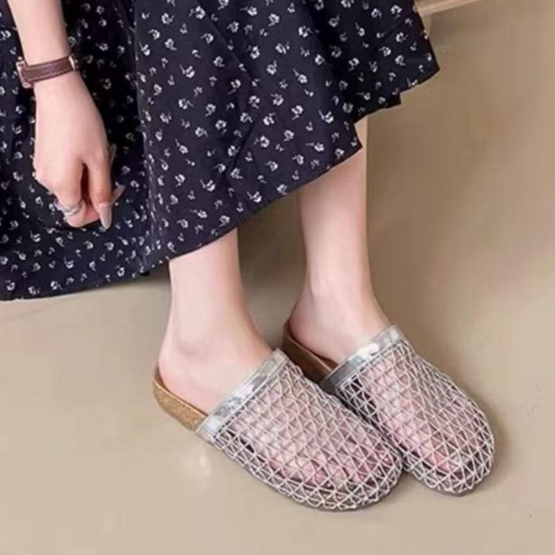 Fashion Round-toe Mesh Hollow-out Breathable Non-slip Wear-resistant Flat Shoes Women's Summer New Baotou Cool Slippers