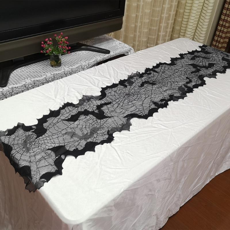 Gruselige Halloween-Dekoration 13x68 Zoll Schwarzer Tischläufer, Wasserabweisend mit Spinnennetz- und Fledermausmotiven für festliches Speisen