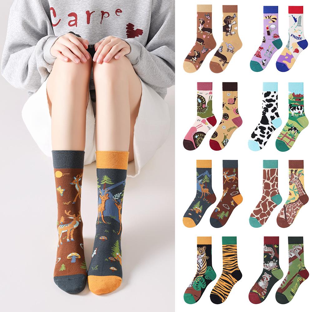 Children's Cartoon Sports Socks, Mid-Calf, Asymmetrical Mandarin Duck Design, Cotton Trendy Pair