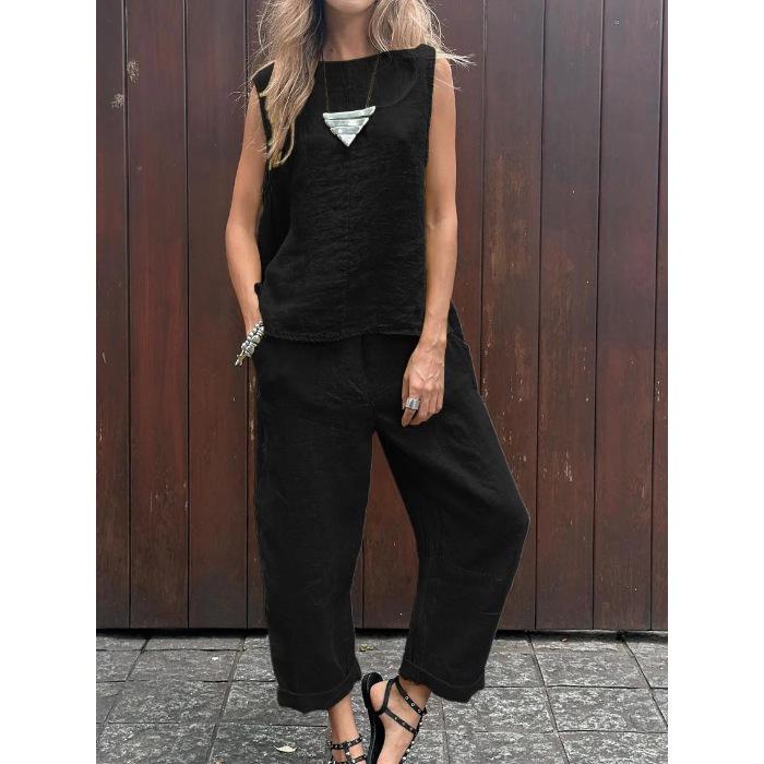 2024 Spring/Summer Cotton Linen Casual Two-Piece Set: Sleeveless Top & Loose Long Pants for Women