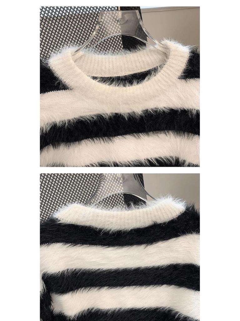 Men's Thick Striped Mink Velvet Sweater - Loose Fit Round Neck, Trendy Teen/Student Sports Knitwear for Autumn & Winter