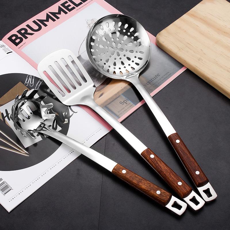 Rosewood Stainless Steel Kitchen Utensil Set: Long-Handled Spatula, Frying Spatula, Thickened Soup Ladle, Slotted Spoon, and Cooking Spoon.
