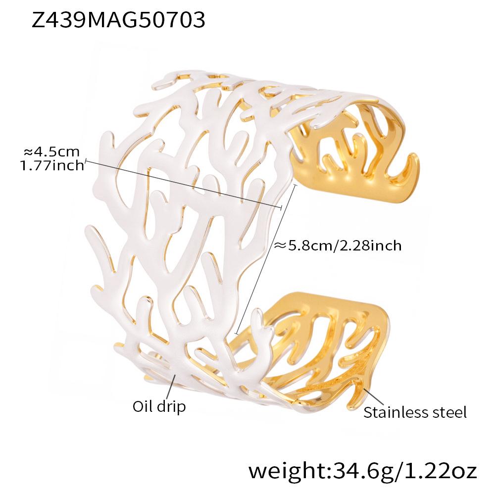 Qiong Yao Enamel Coral Design Wide Opening Stainless Steel Summer Bracelet