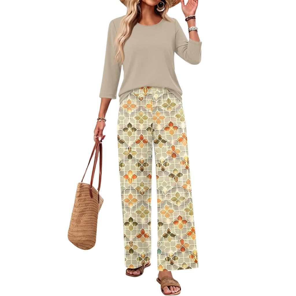 Women's Casual Fashion Round Neck Loose Fit Printed Three Quarter Sleeve Top with Wide Leg Printed Pants Set Comfortable Loungewear