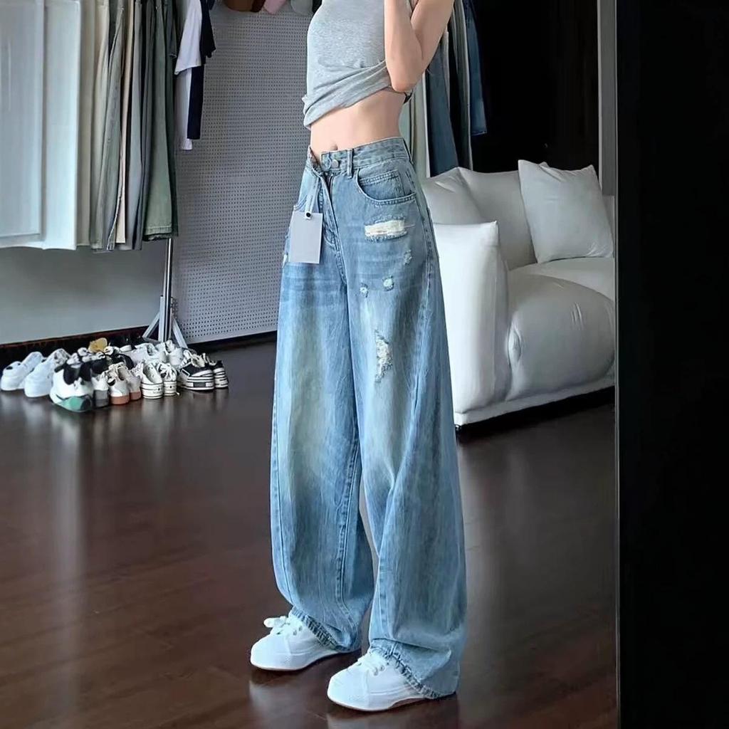 Women's American-Style Ripped Straight-Leg Jeans, Korean-Inspired Distressed Curved Wide-Leg Pants