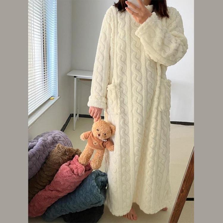 Soft Flannel Women's Nightgown Thickened Jacquard Sleepwear Dress Solid Color Comfortable Night Dress