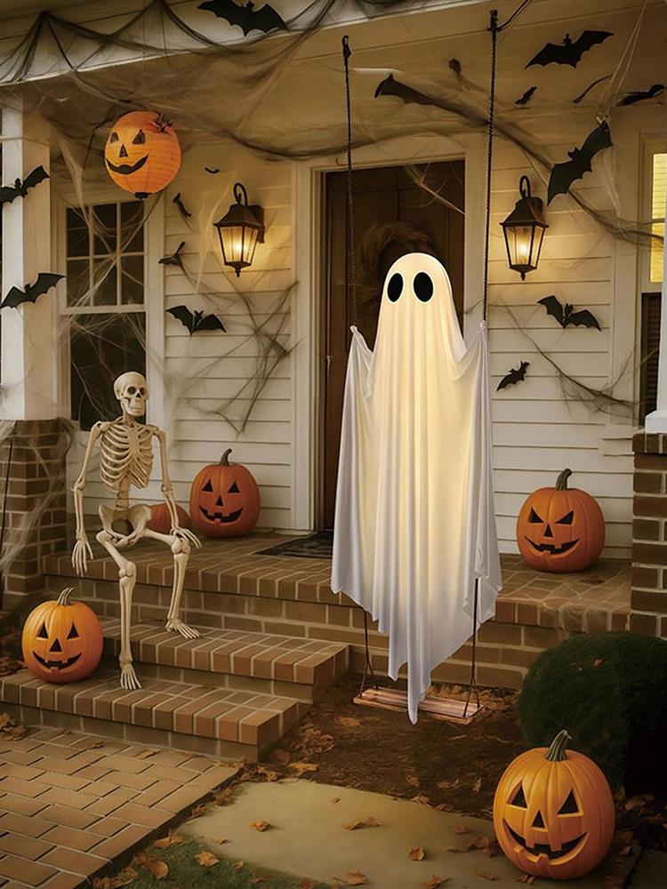 Halloween Adjustable Ghost Decorations Thicken Lighted Swing Pendant Battery Powered Spooky Ghost Ornament for Porch Yard Trees