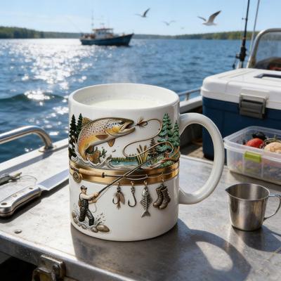 Hooked On Fishing Ceramic Mug 2D Flat Printing Tea Coffee Cup Funny Gifts for Men Dad Husband Fishing Sailing Lovers