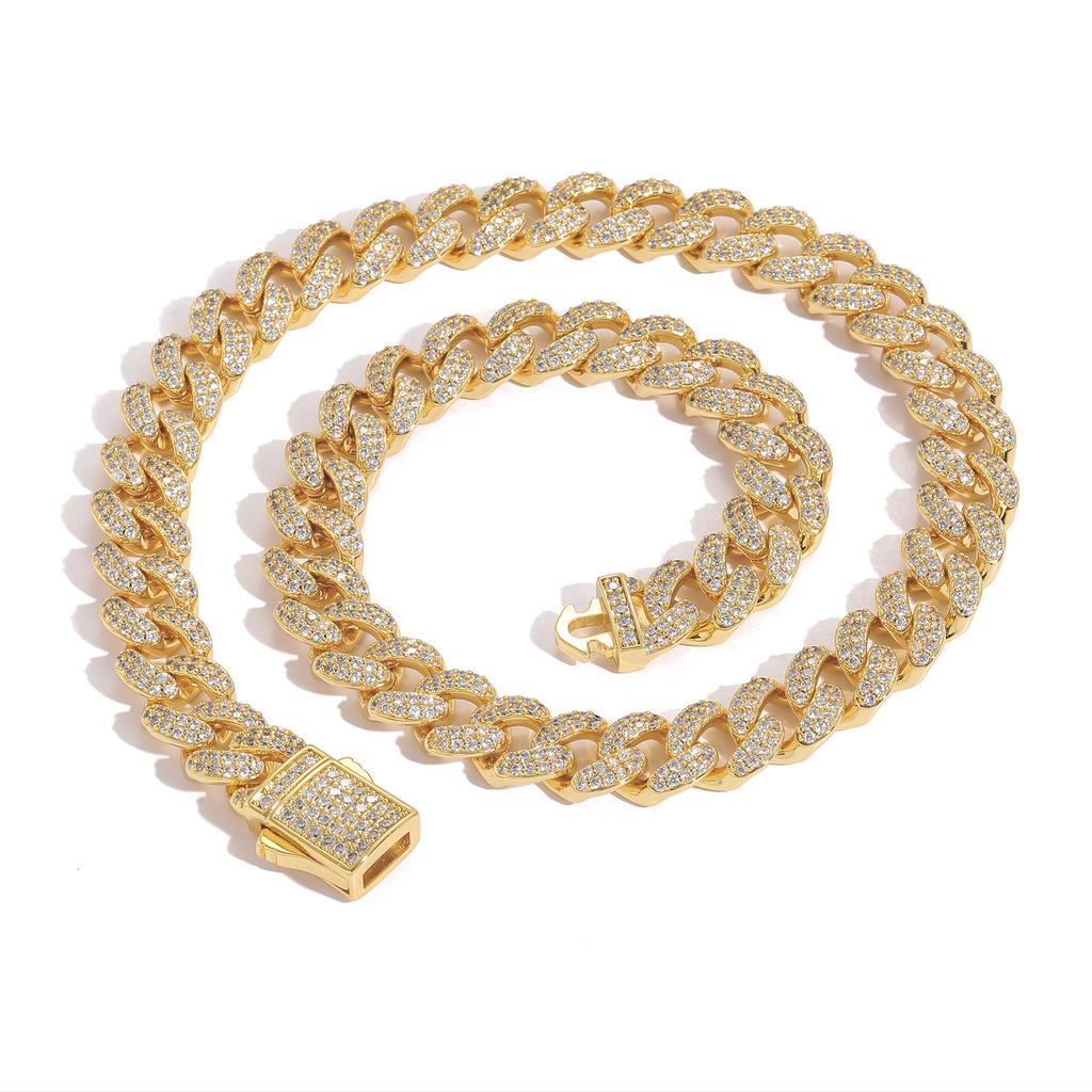 JUXIN Fashion Hip Hop Jewelry 14K Gold Plated Miami Cuban Necklace Spring Clasp 12mm Bling CZ Iced Out Cuban Link Chain