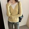 Korean Style Ins Contrasting Color Splicing Fake Two-piece Long-sleeved Tops for Women New Niche Autumn and Winter Knitted Bottoming Sweaters