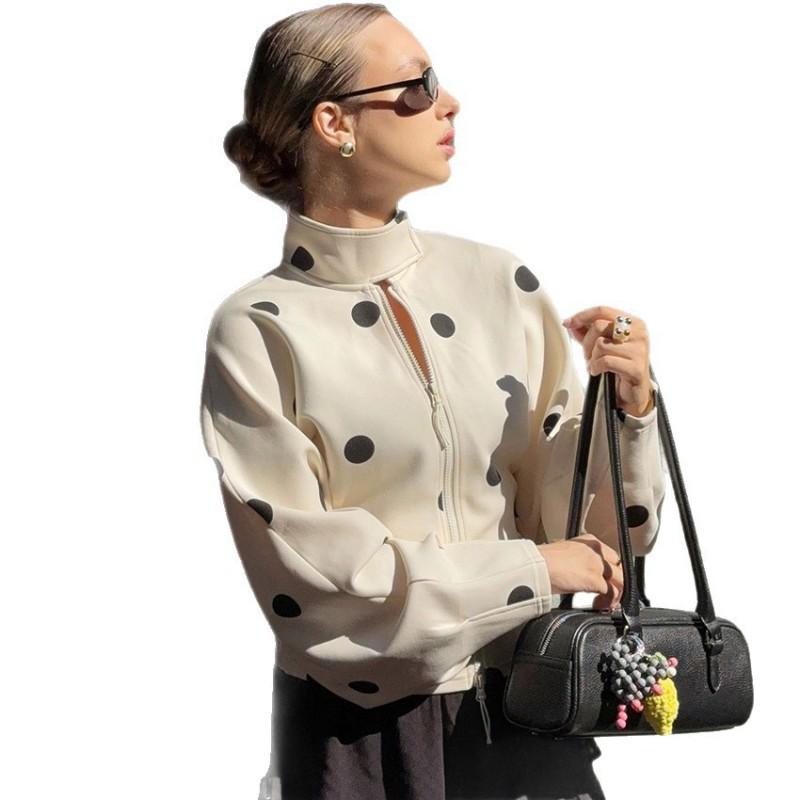 Womens High Neck Polka Dot Zip-Up Blazer Coat Loose Fit Office Chic Winter Outwear