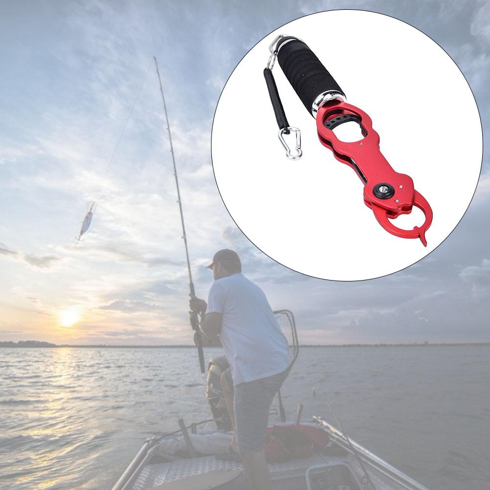 Portable Aluminium Alloy Fishing Grip Gripper Fish Lip Grabber Tool with Weigh Measure Red