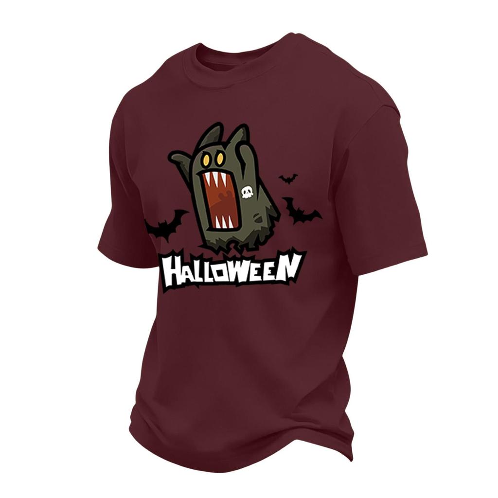 Men's Short Sleeve Round Neck T-Shirt with Halloween Print and Letter Pattern