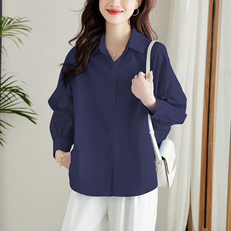 Blue Lantern Sleeve Design Shirt Women's Long Sleeve Spring Loose Casual Top Fashion Chic Shirt