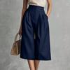 Calças Culotte Femininas de Cintura Alta com Pernas Largas, Fecho Duplo de Botão e Design Plissado, Calças Curtas Casuais de Corte Amplo