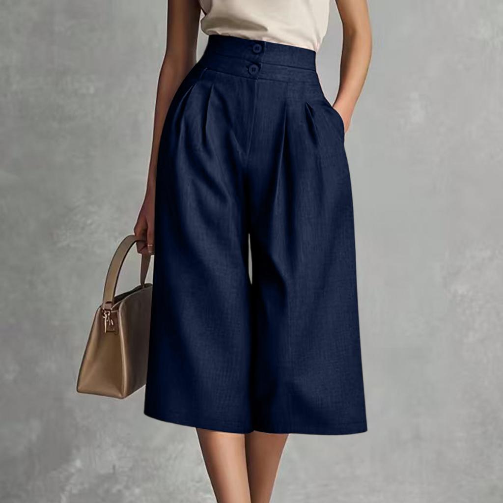 Calças Culotte Femininas de Cintura Alta com Pernas Largas, Fecho Duplo de Botão e Design Plissado, Calças Curtas Casuais de Corte Amplo