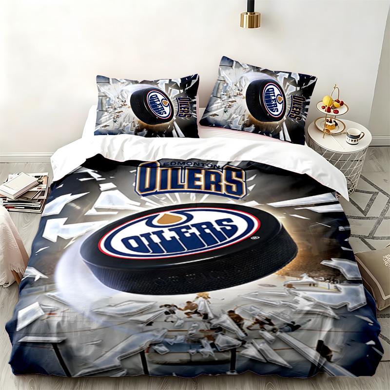 Edmonton Oilers 3dílná sada Perfektní pro použití v ložnici Pohodlná sada povlečení obsahuje povlak na přikrývku a dva povlaky na polštář Ideální dárek k narozeninám nebo Vánocům
