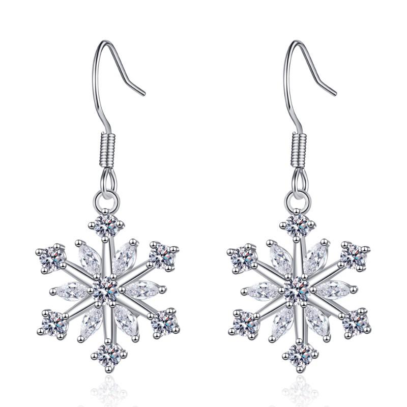 Ice Flower Earrings for Women Symmetrical Snowflakes Inlaid Diamond Earrings Temperament Japanese and Korean Simple Copper Inlaid Zircon Earrings