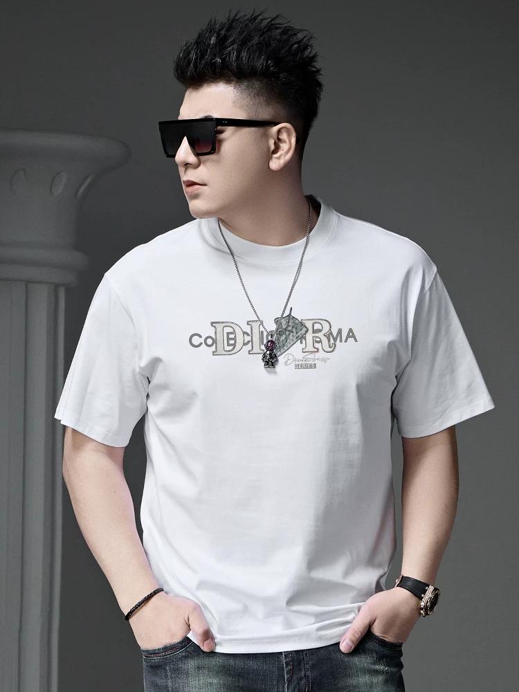 

European Style White T-Shirt for Men 2025 Summer New Trendy Printed Men s Short-Sleeve Loose Top 2XL белый