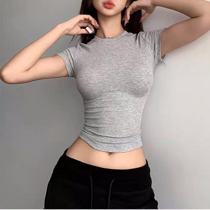 2025 Ny Högkvalitativ Casual T-shirt Sexig Slim Kortärmad Modetrend Enfärgad Damkläder y2k Toppar