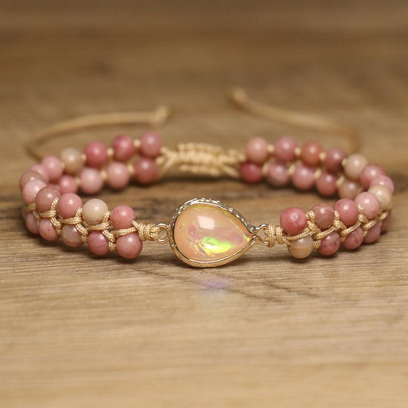 Pink Rhodochrosite Teardrop Opal Bracelet – Gold Accent Boho Healing Jewelry, Adjustable Love Gift for Women