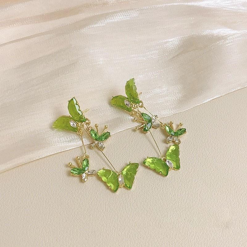 925 Silver Needle Green Red Butterfly Long Tassel Earrings For Women Jewelry Trending Korean Fashion Crystal Drop Earrings