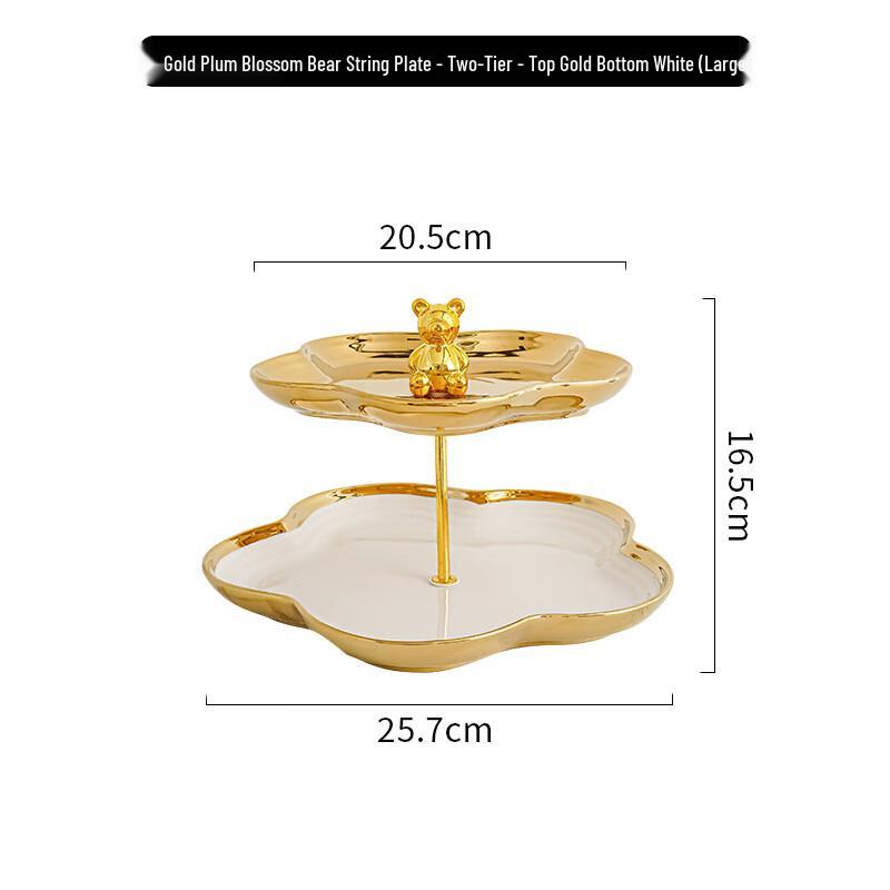 Modern Two-Tier Ceramic Fruit & Snack Plate with Gold Floral Design