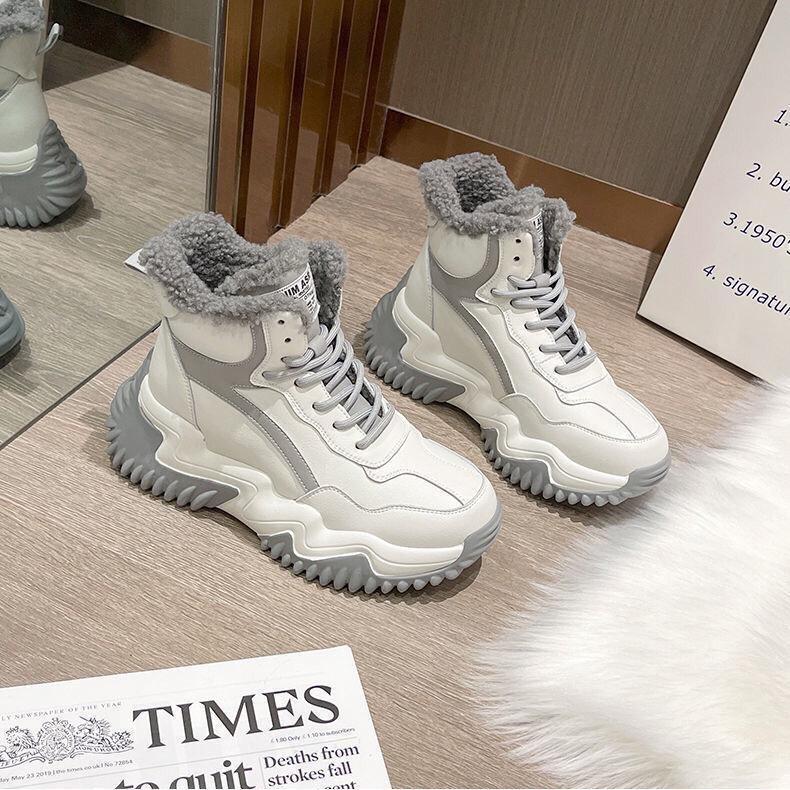

Модные популярные женские хлопковые туфли с толстым флисом и теплыми сноубутсами, противоскользящие и морозостойкие, повседневные спортивные хлопковые туфли 37 белый