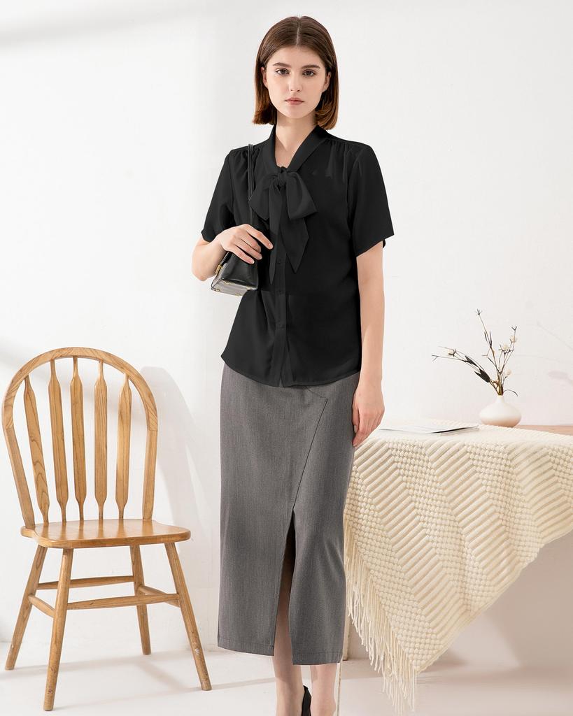 Bowtie Short Chiffon Ribbon Office Large M [SPRING SEAON] Shirt, Sleeve, Blouse, Top, Spring, Summer, Suit, Innerwear, Casual, Stylish, Size, Elegant,