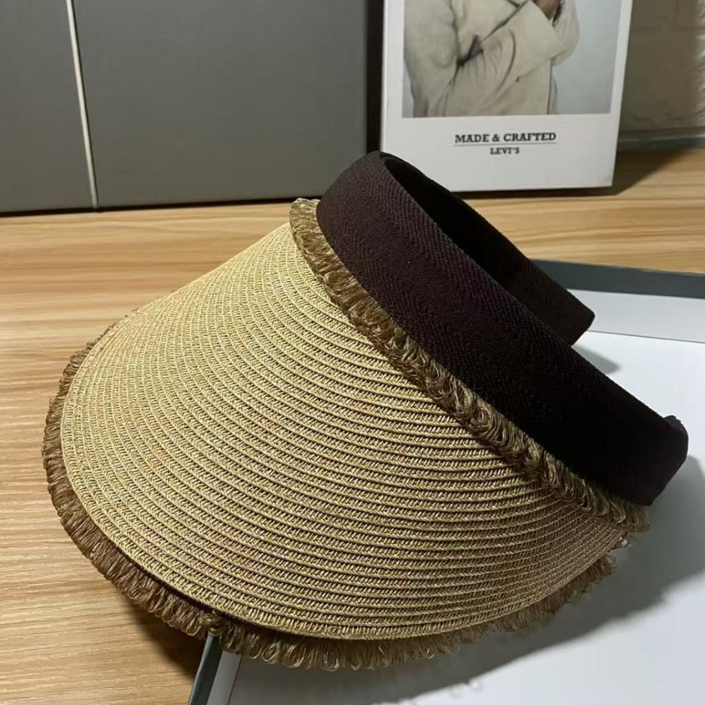 Rough Edge Empty Top Hat Straw Hat Women's Summer Big Brim Sunshade Sunscreen Headband Hat UV Protection Seaside Vacation