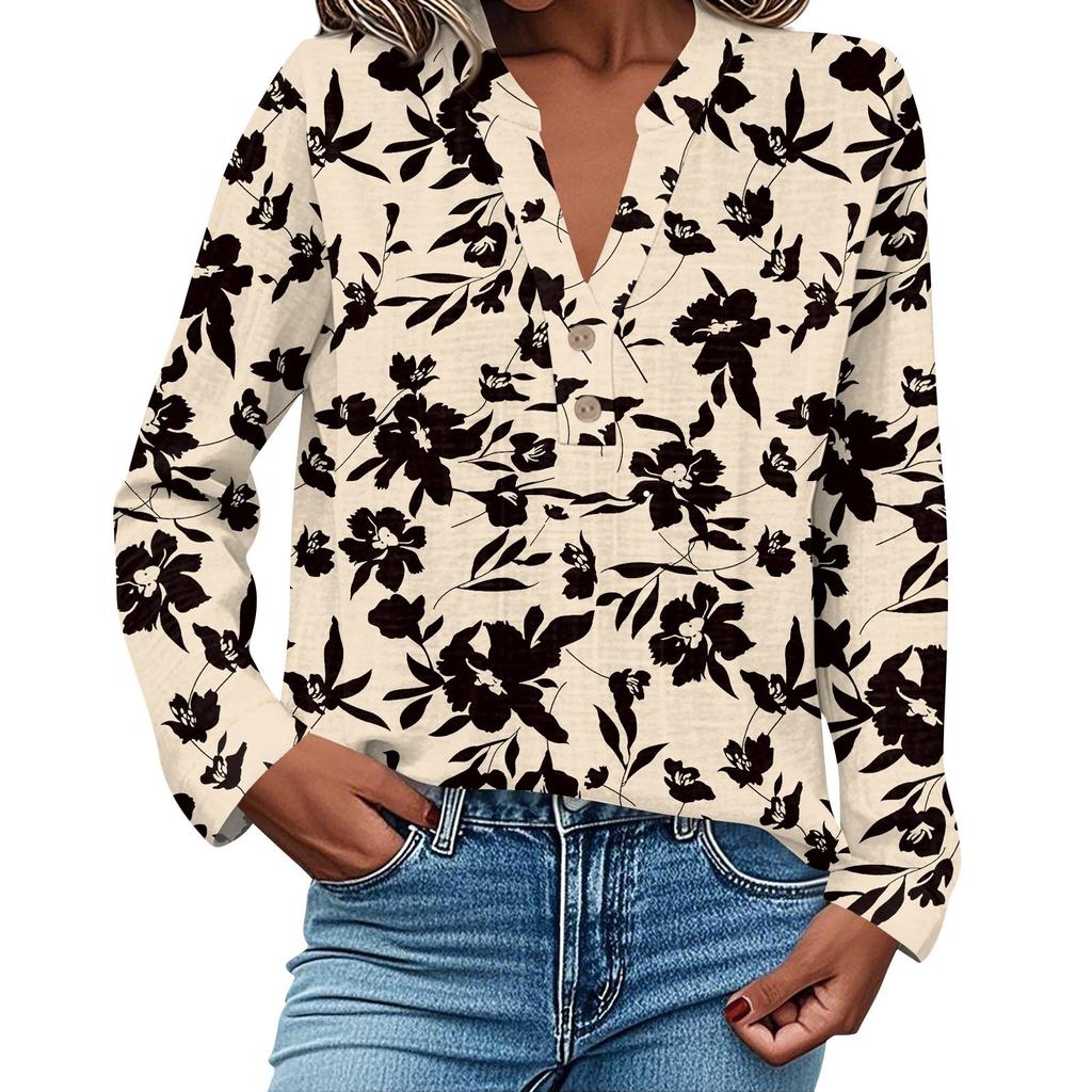 Camisa de Moda y Casual para Mujer Manga Larga Cuello en V Botones Estampada Blusa Top
