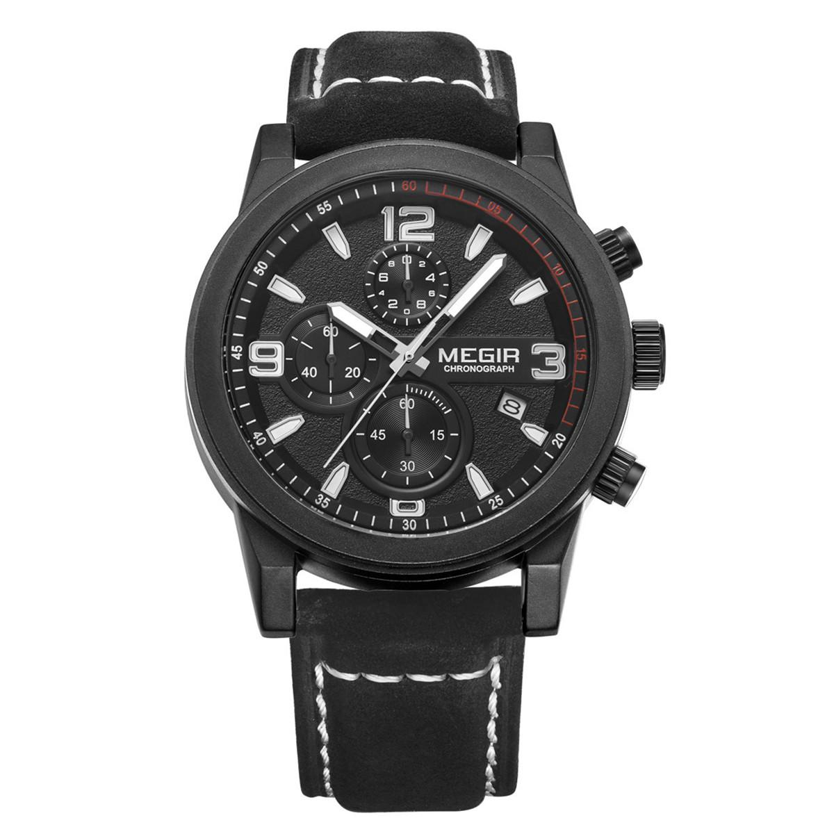 Megir Men's Black Chronogragph Luxury Brand Quartz Watches Fashion Leather Sport Watch Clock Luminous Army Military Wristwatches