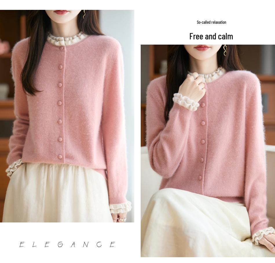 Women's Stylish Color Block Lace Knit Cardigan Sweater with Wood Ear Details and Button Closure for Fall and Winter