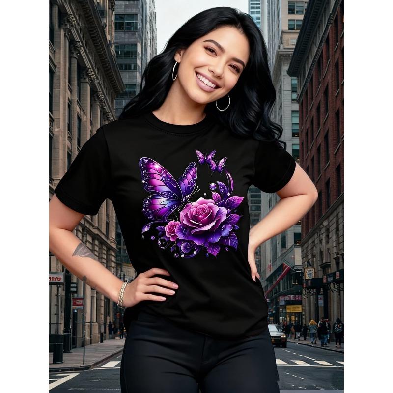 

European Size Womens Orange Purple Rose Butterfly Print T Shirt Short Sleeve Crew Neck Casual Top Spring Summer Birthday Holiday Gifts 4XL чорний