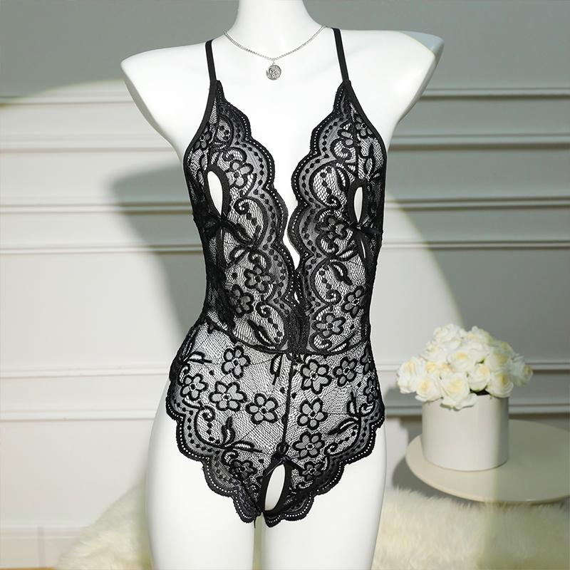 New Deep V Pink Transparent Lace One Piece Women Corset Sexy Bra Lingerie Exotic Bodysuit Pajamas Open Bow Snug Fitting Clothing