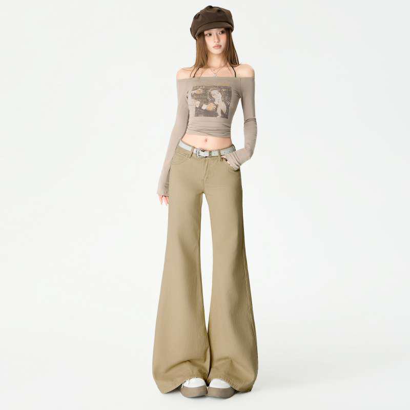 Khaki Retro Wide-Leg Cropped Jeans with Slimming Micro-Flare S