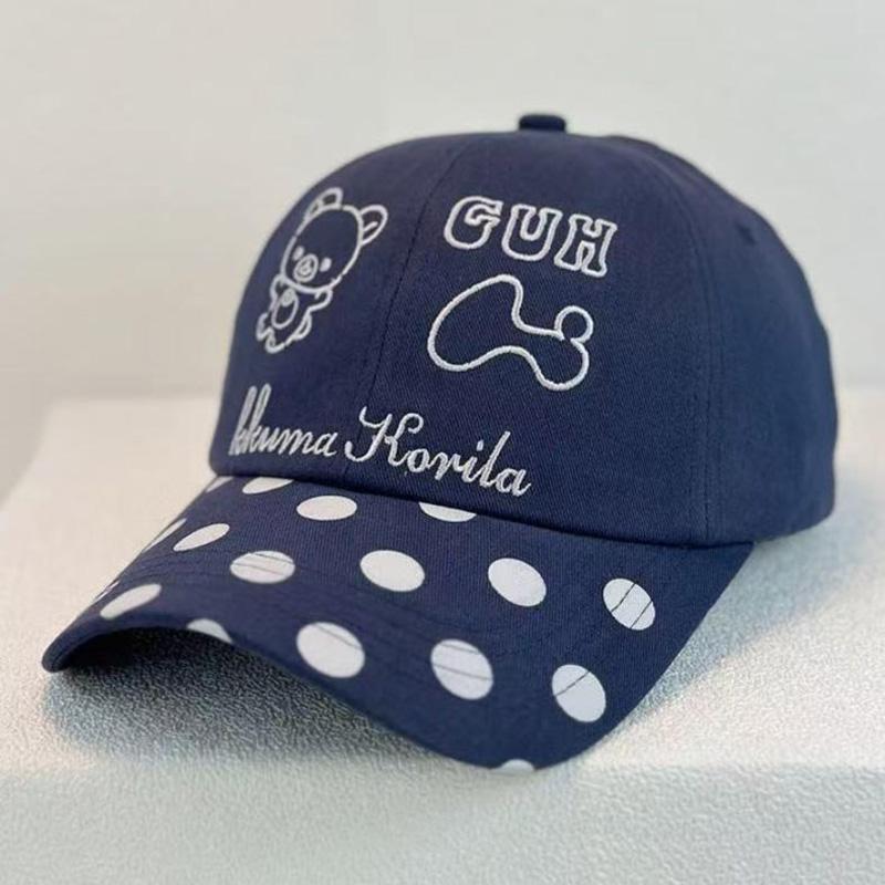 Korean-Style Women'S Embroidered Bear Baseball Cap Cute Cartoon Design All-Season Soft Top With Polka Dot Patchwork Visor