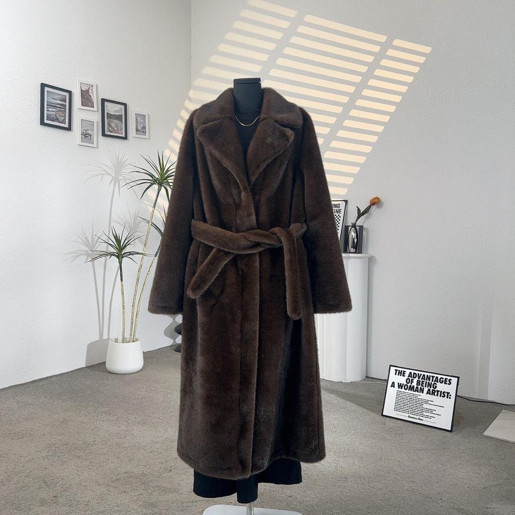 Belted Faux Mink Fur Coat Women Winter Beige Gradient Furry Fur Jacket Luxury Brand Hooded Warm Outerwear Overcoat