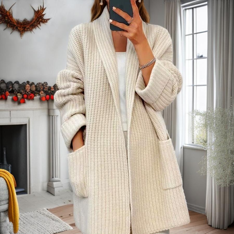 Women's Autumn Winter New Thick Solid Color V-Neck Knit Cardigan Loose Pocket Sweater Coat for Women